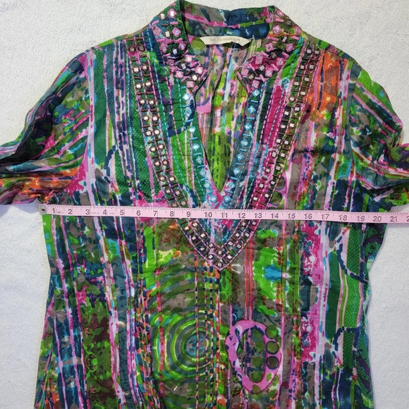 Soft Surroundings Mosaic Tunic Artsy Embroidery Tie Dye Jade Multi Womens Sz S - Picture 9 of 12